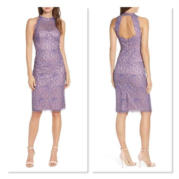 Eliza J: Lace Halter Neck Sheath Dress size 14 in Lavender/Pink- NEW - Picture 1 of 12